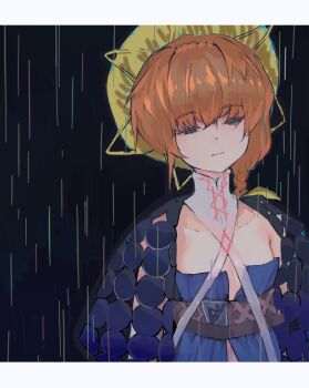1girl blue_eyes braid breasts closed_mouth collar commentary_request fate/grand_order fate_(series) hair_between_eyes half-closed_eyes hat highres matsuge916 orange_hair rain short_hair shrug_(clothing) side_braid small_breasts solo upper_body van_gogh_(fate) van_gogh_(first_ascension)_(fate) yellow_hat