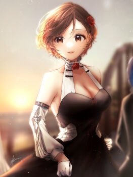 1girl absurdres after0217 bare_shoulders breasts brown_eyes brown_hair cleavage closed_mouth collarbone commentary_request detached_sleeves dress flower gloves half_gloves high_collar highres jewelry large_breasts long_sleeves looking_at_viewer meiko_(vocaloid) miku_symphony_(vocaloid) official_alternate_costume parted_lips pink_nails red_flower red_rose rose short_hair sleeveless sleeveless_dress smile solo upper_body vocaloid white_gloves white_sleeves