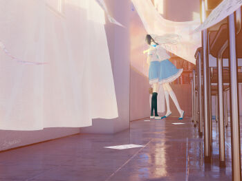 2girls 3d absurdres amare_(tcwa5433) black_hair black_socks blue_skirt bookshelf chair classroom commentary_request curtains desk evening floating_curtains floating_hair flying_paper from_side full_body hibike!_euphonium highres hug indoors kasaki_nozomi kneehighs liz_to_aoi_tori long_hair multiple_girls paper school_chair school_desk school_uniform shirt shoes short_sleeves skirt socks standing tile_floor tiles uwabaki white_shirt white_shoes white_socks yoroizuka_mizore yuri