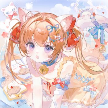 1girl :o animal_ear_fluff animal_ears bandages bare_shoulders bell blue_bow blue_collar blush bow brown_hair cat cat_ears cat_girl cat_tail collar collarbone dress food hair_bow hair_intakes hair_ornament hair_ribbon hairclip highres jingle_bell jinyejing long_hair looking_at_viewer neck_bell open_mouth original purple_eyes red_bow red_ribbon ribbon sleeveless sleeveless_dress solo tail tail_bow tail_ornament twintails yellow_dress