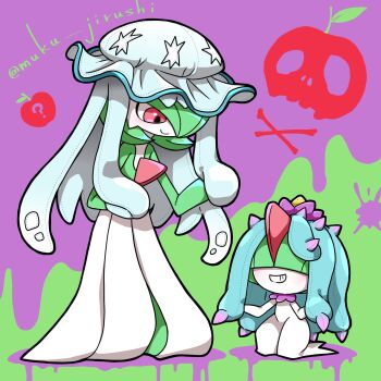 artist_name bob_cut bowl_cut colored_skin cosplay dress gardevoir gen_3_pokemon gen_7_pokemon green_background green_hair green_skin hair_over_one_eye highres mareanie muku_jirushi multicolored_skin nihilego nihilego_(cosplay) nintendo pink_eyes pokemon pokemon_(creature) purple_background ralts skull smile two-tone_background two-tone_skin ultra_beast white_dress white_skin