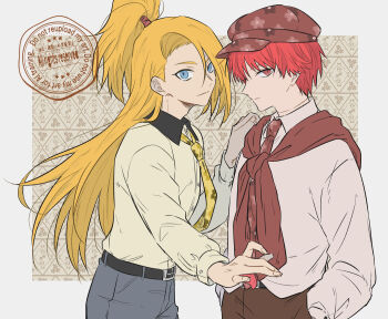 Rule 34 | 2boys, asymmetrical bangs, belt, beret, black pants, blonde hair, blue eyes, border, collared shirt, deidara (naruto), extra tongue, eyeliner, floral background, floral print, hand on another's shoulder, hat, hayamin35, implied yaoi, jacket, long hair, looking at viewer, makeup, male focus, multiple boys, naruto (series), naruto shippuuden, official alternate costume, pants, red eyes, red hair, sasori (naruto), serious, shirt, short hair, simple background, smile, sweater, watermark, white border