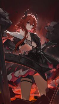 1girl absurdres arknights arknights:_endfield backless_dress backless_outfit black_dress black_eyes black_gloves black_horns black_sleeves breasts chinese_commentary commentary_request demon_girl demon_horns detached_sleeves dress gloves hair_intakes highres horns laevatain_(arknights) long_hair looking_at_viewer looking_back medium_breasts red_background red_hair smile solo surtr_(arknights) xuegao_ice