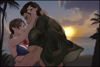 Rule 34 | 1boy, 1girl, bikini, blue bikini, breasts, brown hair, chris redfield, cloud, daisy mk 589, flower, highres, hug, jill valentine, outdoors, palm tree, parted lips, resident evil, smile, sun, sunset, swimsuit, tree