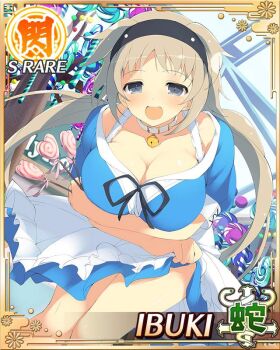 1girl :d animal_collar arms_under_breasts bell bent_over black_hairband blue_dress blush border breasts brown_hair candy card_(medium) character_name cleavage collar crossed_arms dress food game_cg grey_eyes hairband heart heart-shaped_food heart-shaped_lollipop holding holding_candy holding_food holding_lollipop ibuki_(senran_kagura) large_breasts lollipop long_hair looking_at_viewer low_twintails neck_bell official_art open_mouth seductive_smile senran_kagura senran_kagura_new_wave shaped_lollipop smile solo third-party_source twintails white_collar