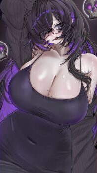 1girl @_@ armpit_crease bags_under_eyes black-framed_eyewear black_cardigan black_dress black_hair blush breasts cardigan cleavage colored_inner_hair dress floating_skull glasses goddess_of_victory:_nikke hair_over_one_eye hashtag-only_commentary highres label_(nikke) large_breasts long_hair looking_at_viewer mojyo mole mole_on_breast multicolored_hair neroouui open_mouth purple_eyes purple_hair purple_streaks skindentation smile solo sweat two-tone_hair