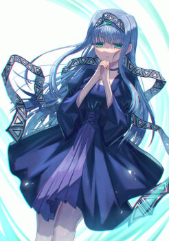 1girl blue_dress blue_hair blunt_bangs choker colored_eyelashes commentary_request cowboy_shot dress elemental_gelade fanxing_(user_kydu8524) floating_hair gem gem_on_head glint green_eyes green_gem hairband hands_up highres long_hair own_hands_clasped own_hands_together parted_lips patterned_clothing purple_dress reverie_metherlence ribbon sad sidelocks solo standing wide_sleeves