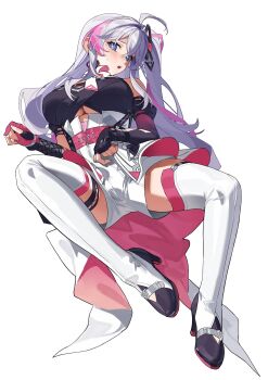 1girl absurdres ahoge blue_eyes boots breasts full_body heart heart-shaped_pupils highres kanami_(strinova) large_breasts long_hair looking_at_viewer lying multicolored_hair on_back one_side_up open_mouth pink_hair red_cucumber shoes simple_background solo streaked_hair strinova symbol-shaped_pupils thigh_boots underboob white_background white_boots white_hair white_shoes