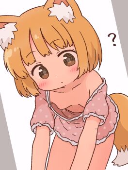 1girl ? animal_ears blonde_hair blush breasts brown_eyes collarbone downblouse dress fox_ears fox_girl fox_tail irohiza leaning_forward loli looking_at_viewer off-shoulder_dress off_shoulder original pink_dress polka_dot polka_dot_dress short_hair short_sleeves small_breasts standing tail white_background
