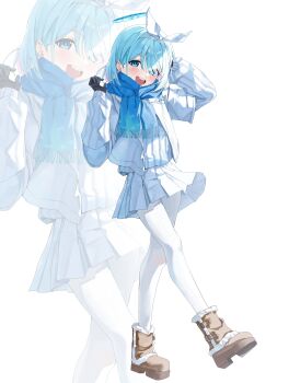 1girl absurdres alternate_costume black_gloves blue_archive blue_eyes blue_hair blue_scarf boots brown_boots colored_inner_hair commentary_request eyes_visible_through_hair full_body gloves hair_over_one_eye hands_up highres jacket long_sleeves looking_at_viewer multicolored_hair open_clothes open_jacket open_mouth pantyhose plana_(blue_archive) purple_hair rosu_1109 scarf short_hair simple_background skirt smile solo standing teeth upper_teeth_only white_background white_pantyhose white_skirt winter_clothes zoom_layer
