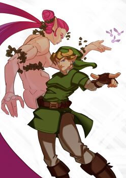 1boy 1girl belt blonde_hair blue_eyes breasts earrings fairy fingerless_gloves gloves great_fairy_(zelda) highres hyrule_warriors ivy jewelry jojo_no_kimyou_na_bouken jojo_pose looking_back nintendo piercing pointy_ears red_eyes red_hair sideboob simple_background splashbrush stocking_cap the_legend_of_zelda the_legend_of_zelda:_ocarina_of_time tunic