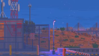 animated animated_gif bollard boom_barrier bridge building bush chain-link_fence city_lights commentary desert english_commentary fence highres kldpxl mountain night night_sky no_humans original orion_(constellation) outdoors pixel_art plant radio_tower satellite_dish scenery shooting_star sign sky star_(sky) starry_sky transmission_tower tree warning_sign