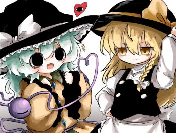 Rule 34 | 2girls, apron, black eyes, black hat, black vest, blonde hair, bow, braid, buttons, diamond button, eyeball, frilled sleeves, frills, green hair, hair bow, hat, hat bow, hat ribbon, headwear switch, heart, heart of string, heripantomorrow, kirisame marisa, komeiji koishi, long hair, multiple girls, ribbon, shirt, side braid, single braid, smile, third eye, touhou, vest, waist apron, white bow, white shirt, witch hat, yellow eyes, yellow ribbon, yellow shirt