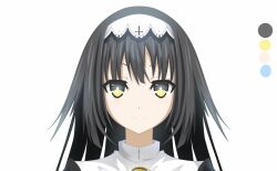 Rule 34 | 1girl, arusu marina, black hair, carat (amerald g), date a live, hairband, highres, long hair, looking at viewer, nun, smile, solo, two-tone eyes, v-shaped eyebrows, white hairband