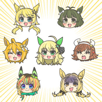 1boy 6+girls :d absurdres ahoge akizuki_ryo animal_ears antenna_hair blonde_hair blue_eyes blue_hair blue_streaks blush brown_eyes colored_inner_hair commentary_request commission ear_covers ear_ornament emphasis_lines fang fujita_kotone gakuen_idolmaster gloom_(expression) green_eyes hachimiya_meguru head_only highres horse_ears horse_girl hoshii_miki ibuki_tsubasa idolmaster idolmaster_(classic) idolmaster_million_live! idolmaster_shiny_colors idolmaster_va-liv kemonomimi_mode kopperion letora_(idolmaster) long_hair low_twintails multicolored_hair multiple_girls open_mouth pink_eyes red_hair red_streaks short_hair simple_background skeb_commission skin_fang smile streaked_hair twintails umamusume white_background yellow_eyes