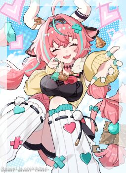 1girl ahoge animal_ears braid closed_eyes cow_ears cow_horns cow_tail ear_bell fingerless_gloves genshin_impact gloves hairband heart highres horns hoshiki_shunka leg_warmers long_hair pink_hair reaching reaching_towards_viewer smile tail twin_braids twintails varesa_(genshin_impact) white_leg_warmers