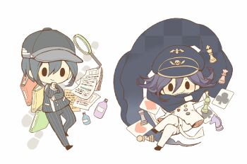 2boys ace_(playing_card) ace_of_clubs ace_of_diamonds ace_of_hearts arm_belt baseball_cap belt black_cloak black_eyes black_hair black_hat black_jacket black_pants black_shoes blush_stickers book bottle buttons card checkered_cloak chess_piece chibi cloak closed_mouth club_(shape) collared_cloak commentary_request danganronpa_(series) danganronpa_v3:_killing_harmony denim diamond_(shape) dot_nose double-breasted dress_shoes floating_cape footprints hair_between_eyes hand_on_own_chin hand_on_own_elbow happy hat heart high_collar hitofutarai jacket jeans knee_up layered_sleeves long_hair_between_eyes long_sleeves looking_at_viewer magnifying_glass male_focus multicolored_buttons multiple_belts multiple_boys oma_kokichi open_belt pants paper peaked_cap pinstripe_jacket pinstripe_pants pinstripe_pattern playing_card pocket purple_hair saihara_shuichi shoes short_hair simple_background sleeve_cuffs smile smirk solid_oval_eyes standing thigh_belt thigh_strap thinking torn_clothes torn_jeans torn_pants unmoving_pattern v-shaped_eyebrows white_background white_belt white_jacket white_pants