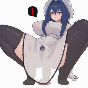 ! 1girl apron black_thighhighs blue_eyes blue_hair braid breasts caught dildo feet female_masturbation hat highres hololive hololive_english implied_masturbation large_breasts long_hair low_twin_braids maid masturbation mob_cap official_alternate_costume official_alternate_hairstyle ouro_kronii ouro_kronii_(maid) pocket_watch qone sex_toy simple_background solo speech_bubble spoken_exclamation_mark spread_legs thighhighs twin_braids virtual_youtuber watch white_apron white_background whyqone