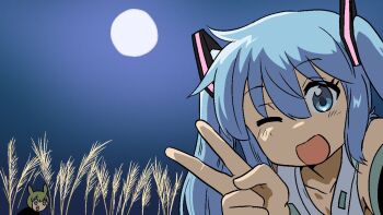 2girls blue_eyes blue_hair blue_sky full_moon green_hair grey_shirt hatsune_miku kamemaru91 long_hair looking_at_viewer moon multiple_girls night one_eye_closed open_mouth outdoors shirt sky sleeveless sleeveless_shirt smile solo_focus twintails upper_body v vocaloid voiceroid voicevox wheat zundamon