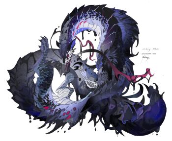 almudron animal_focus blue_eyes claws colored_sclera dripping fins full_body highres kamikiririp liquid looking_at_viewer monster monster_hunter_(series) no_humans pink_sclera scales signature simple_background slit_pupils solo tail twitter_username whiskers white_background