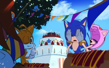 Rule 34 | amy rose, bird, birthday, birthday cake, birthday candle, birthday party, birthday present, black fur, black hair, blonde hair, blue fur, blue hair, cake, candle, chili dog, covering another's eyes, dress, echidna (animal), flicky (character), food, fox, gift, hedgehog, highres, knuckles the echidna, multiple tails, pink fur, pink hair, red fur, red hair, sega, shadow the hedgehog, sky, smile, sonic (series), sonic generations, sonic the hedgehog, soshi-rakua, surprised, tail, tails (sonic), tree, two tails, yellow fur