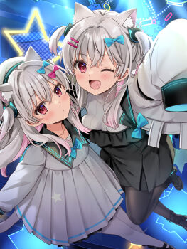 2girls ;d animal_ear_fluff animal_ears arm_up black_boots black_dress black_pantyhose blue_bow boots bow cat_ears cat_girl cat_tail chestnut_mouth commentary_request covered_collarbone dress dual_persona frilled_dress frills grey_hair hair_between_eyes hair_bow hair_ornament hairclip highres indie_virtual_youtuber jacket long_hair long_sleeves looking_at_viewer multicolored_hair multiple_girls natsume_eri natsume_eri_(vtuber) one_eye_closed open_clothes open_jacket open_mouth pantyhose parted_lips pink_hair pleated_dress puffy_long_sleeves puffy_sleeves red_eyes ribbed_sweater sleeves_past_fingers sleeves_past_wrists smile star_(symbol) sweater tail turtleneck turtleneck_sweater two-tone_hair two_side_up very_long_hair virtual_youtuber white_dress white_jacket white_sweater