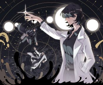 1girl 2boys black_coat black_hair black_shirt coat collared_shirt falling full_body ginsan hair_over_eyes han_sooyoung hand_in_pocket hand_up kim_dokja mini_person miniboy multiple_boys omniscient_reader&#039;s_viewpoint reaching reaching_towards_another shirt short_hair size_difference sparkle star_trail white_coat yoo_joonghyuk