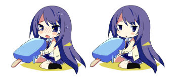 1girl aoi_sena black_socks blazer blush blush_stickers chaos;head chibi chibi_only collared_shirt empty_eyes food frown holding holding_food holding_popsicle jacket jitome kneehighs long_hair long_sleeves looking_at_viewer mamimu_(ma-mi-mu.me) melting mulitple_views necktie nervous_sweating open_clothes open_jacket open_mouth oversized_food oversized_object popsicle purple_eyes purple_necktie purple_skirt school_uniform science_adventure shirt simple_background sitting skirt socks sweat tearing_up variations wariza white_background white_shirt yellow_jacket