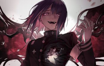 1boy androgynous armband bob_cut cacarcarrot demon_wings ear_piercing eyeshadow floating_hair gakuran gloves glowing glowing_eyes grin highres last_defense_academy_school_uniform looking_at_viewer makeup male_focus multicolored_hair piercing pink_hair purple_hair raised_inner_eyebrows red_eyeshadow school_uniform smile the_hundred_line_-last_defense_academy- trap tsukumo_ima two-tone_hair upper_body white_armband white_background white_gloves wings