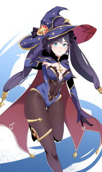 1girl absurdres black_gloves blue_eyes bodystocking breasts covered_navel genshin_impact gloves hat highres leotard long_hair medium_breasts mona_(genshin_impact) open_mouth plentyofempty purple_hair solo twintails witch_hat