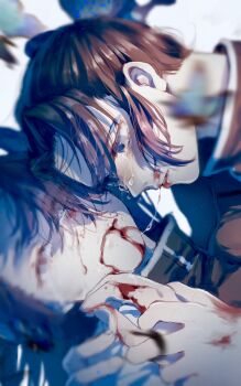 2girls after_kiss black_hair black_jacket bleeding blood blood_from_mouth blood_on_clothes blood_on_face blood_on_hands blue_eyes blurry blurry_foreground bug butterfly butterfly_hair_ornament closed_mouth crying crying_with_eyes_open death demon_slayer_uniform depth_of_field empty_eyes eyelashes face-to-face from_side gradient_hair hair_ornament haori highres holding_hands injury insect jacket japanese_clothes kimetsu_no_yaiba kochou_kanae kochou_shinobu light_particles long_hair long_sleeves looking_at_another looking_down lying mau_sakura multicolored_hair multiple_girls parted_bangs parted_lips portrait profile purple_eyes purple_hair saliva saliva_trail siblings sideways simple_background sisters tears updo white_background yuri