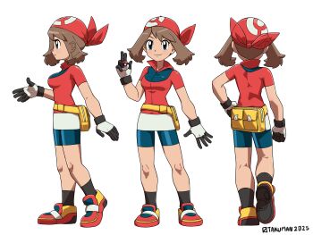 1girl absurdres artist_name bandana bike_shorts black_gloves black_socks blue_eyes breasts brown_hair contrapposto dated fanny_pack female_focus from_behind from_side full_body gloves highres holding holding_poke_ball jacket looking_at_viewer may_(pokemon) medium_breasts medium_hair multiple_views nintendo otakuman poke_ball poke_ball_(basic) pokemon pokemon_rse red_bandana red_jacket reference_sheet shoes simple_background smile socks solo turnaround two-tone_gloves white_background white_gloves