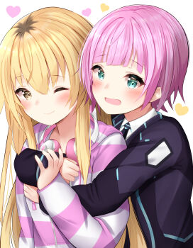 2girls absurdres behind_another blazer blonde_hair blush commentary_request crossover grabbing_from_behind green_eyes hair_between_eyes headphones headphones_around_neck highres ienaga_mugi ienaga_mugi_(1st_costume) jacket long_hair long_sleeves looking_at_viewer multiple_girls nari_(narikashi) nijisanji one_eye_closed purple_hair reverse_trap short_hair smile virtual_youtuber yellow_eyes yuri yuuhi_riri yuuhi_riri_(1st_costume)