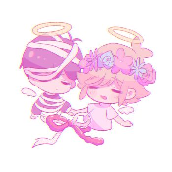 2boys alternate_costume angel angel_wings antenna_hair basil_(faraway)_(omori) basil_(omori) blonde_hair blush chibi chibi_only closed_eyes closed_mouth double-parted_bangs hair_between_eyes halloween_costume halo highres holding_hands long_sleeves male_focus multiple_boys mummy_costume omori open_mouth short_hair short_sleeves sidelocks simple_background smile sunny_(omori) white_background wings yo_(wetpotatosunsun)