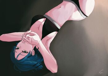 1girl absurdres animal_ears armpits black_bra black_panties blue_hair bocchi_the_rock! bra breasts cleavage commentary_request green_eyes hair_ornament hairclip hands_up highres large_breasts navel panties saltyacurry short_hair signature solo underwear yamada_ryo