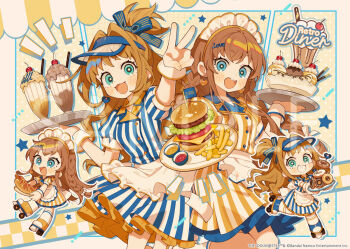 2girls :d apron blue_dress blue_eyes blue_hairband blush braid brown_hair burger chibi commentary_request copyright_notice cowboy_shot cup cupcake donut dot_nose dress drinking_glass earrings flag food french_fries frilled_dress frills green_eyes hair_intakes hairband heart heart_earrings hino_akane_(idolmaster) holding holding_plate hot_chocolate hot_dog idolmaster idolmaster_cinderella_girls idolmaster_million_live! in-franchise_crossover jewelry kousaka_umi long_hair looking_at_viewer maid_headdress multiple_girls multiple_views notice_lines official_art open_mouth outstretched_arm plate short_sleeves smile striped_clothes striped_dress text_hair_ornament uekura_eku v vertical-striped_clothes vertical-striped_dress visor_cap waist_apron waitress white_apron yellow_dress