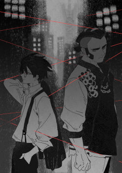 2boys absurdres aged_down arm_up closed_mouth collared_shirt commentary_request corbeau_(pokemon) frown glasses hand_in_pocket hazel_maier highres holding holding_unworn_clothes holding_unworn_jacket jacket looking_at_viewer male_focus mohawk multiple_boys nintendo pants philippe_(pokemon) pokemon pokemon_legends:_z-a popped_collar round_eyewear shirt short_hair sideburns spikes spot_color suspenders wing_collar