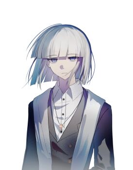 1boy black_jacket blue_eyes blunt_bangs buttons camille407 chinese_commentary closed_mouth collared_shirt commentary_request cross cross_necklace danganronpa_another danganronpa_another:_another_despair_academy expressionless highres jacket jewelry lapels looking_at_viewer male_focus necklace notched_lapels sanpaku shirt short_hair simple_background solo stole straight_hair uehara_kinji white_background white_hair white_shirt