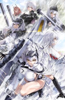 6+girls absurdres armor bandaged_leg bandages bandaid bandaid_on_cheek bandaid_on_face bikini_armor black_coat black_dress blue_eyes breasts cloak coat commentary_request diamond-shaped_pupils diamond_(shape) dress gloves goddess_of_victory:_nikke highres holding holding_weapon horns large_breasts liliweiss_(nikke) mechanical_horns meltyrice multicolored_hair multiple_girls multiple_persona pink_hair red_hair red_hood_(nikke) red_scarf revision scar scar_on_leg scarf smile snow_white_(heavy_arms)_(nikke) snow_white_(innocent_days)_(nikke) snow_white_(nikke) symbol-shaped_pupils thighs two-tone_hair visor_(armor) weapon white_cloak white_gloves white_hair yellow_eyes