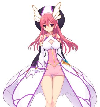 1girl bare_shoulders breasts cleavage cleavage_cutout clothing_cutout detached_sleeves dress en_ciel_rena en_ciel_rena_(magius) game_cg gloves hair_between_eyes hat kourin_tenshi_en_ciel_rena large_variant_set long_hair long_sleeves looking_at_viewer magical_girl medium_breasts miniskirt non-web_source official_art pink_hair red_eyes saitou_natsuki short_dress skirt smile solo standing suhamaya thigh_gap tomoe_rena transparent_background variant_set white_gloves