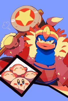 1boy :d beak blue_background blue_skin brown_eyes closed_mouth color_contrast colored_skin fur-trimmed_jacket fur_trim hammer hat highres holding holding_hammer jacket king_dedede kirby kirby_(series) light_smile nintendo open_mouth purano7 red_hat smile waddle_dee