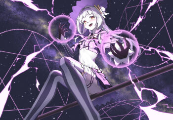 1girl :d arched_bangs black_capelet black_gloves black_skirt blush bow bowtie broom broom_riding capelet commentary_request cone_hair_bun cropped_shirt fang feet_out_of_frame gloves grey_hair grey_shirt grey_thighhighs hair_bun hairband hat hexagram highres hololive jewelry joko_art long_hair long_sleeves looking_at_viewer lowleg lowleg_skirt magic magic_circle midriff milky_way miniskirt murasaki_shion murasaki_shion_(1st_costume) navel open_mouth pale_skin pink_bow pink_bowtie pinstripe_pattern pinstripe_shirt purple_hat shirt short_eyebrows side_up_bun single_side_bun sitting skirt sky smile solo star_(sky) starry_sky striped_clothes striped_thighhighs thighhighs thighlet upskirt v-shaped_eyebrows vertical-striped_clothes vertical-striped_thighhighs virtual_youtuber witch_hat yellow_eyes