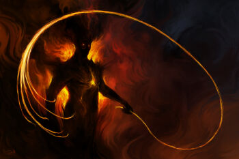 1boy absurdres balrog_(tolkien) black_skin black_smoke colored_skin commentary darkness demon english_commentary fantasy fire flaming_weapon glowing glowing_chest glowing_eyes highres holding holding_weapon holding_whip mrrobodaddy no_mouth no_nose photoshop_(medium) procreate_(medium) shadow smoke standing the_lord_of_the_rings tolkien's_legendarium weapon whip yellow_eyes
