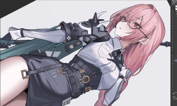1girl armor art_program_in_frame black_gloves black_skirt breasts cowboy_shot dress_shirt earpiece glasses gloves grey_background half_gloves hand_on_own_chest highres holding holding_weapon large_breasts long_hair looking_to_the_side open_mouth pencil_skirt pink_eyes pink_hair shirt shirt_tucked_in shoulder_armor sideways skirt solo tooyon tsukishiro_yanagi weapon white_shirt zenless_zone_zero