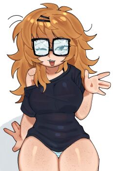 1girl absurdres black_shirt braces eyebrows_hidden_by_hair freckles glasses highres jimiko kibyland looking_at_viewer messy_hair orange_hair original panties shirt simple_background single_off_shoulder sitting solo stephanie_finch_(kibyland) striped_clothes striped_panties thick_eyebrows underwear waving white_background