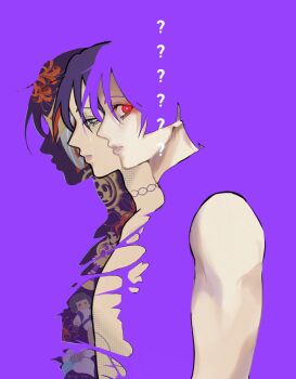 Rule 34 | 3boys, ?, ??, adam's apple, anya lolz, arm at side, blending, blunt ends, body markings, choppy bangs, closed mouth, commentary, crying, crying with eyes open, doll, english commentary, flower, from side, genshin impact, glowing, glowing eyes, gnosis (genshin impact), gold, grey lips, highres, looking at viewer, looking to the side, mitsudomoe (shape), multiple boys, multiple persona, paprika poster trend, profile, purple background, purple eyes, purple hair, red eyes, ringed eyes, scaramouche (genshin impact), silhouette, spider lily, stuffed toy, superimposition, tears, tomoe (symbol), twitter username, wanderer (genshin impact)