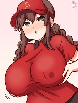 1girl braid breast_lift breasts brown_hair commentary_request covered_erect_nipples employee_uniform gradient_background green_eyes kanon_(kurogane_knights) kantai_collection large_breasts logo_parody long_hair looking_at_viewer mcdonald&#039;s noshiro_(kancolle) one-hour_drawing_challenge pink_background red_shirt red_visor shirt solo swept_bangs twin_braids upper_body visor_cap