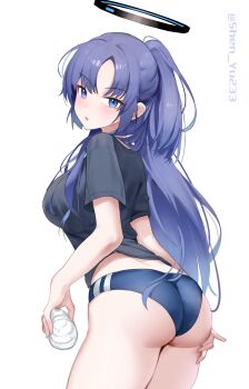 1girl absurdres ass black_shirt blue_archive blue_eyes breasts buruma commentary cowboy_shot expressionless gym_shirt gym_uniform halo highres holding large_breasts long_hair looking_at_viewer looking_to_the_side mechanical_halo official_alternate_costume parted_lips shinba233 shirt short_sleeves simple_background solo turning_head twitter_username white_background yuuka_(blue_archive) yuuka_(track)_(blue_archive)