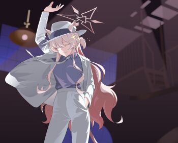 1girl akira_(blue_archive) animal_ear_fluff animal_ears arm_up blue_archive blue_shirt cat_ears cat_girl cat_tail closed_eyes closed_mouth collared_shirt colored_eyelashes commentary cosplay cowboy_shot ears_through_headwear fedora formal_clothes halo hand_in_pocket hat highres jacket long_hair mandara3a michael_jackson michael_jackson_(cosplay) necktie open_clothes open_jacket pant_suit pants parody pink_hair pink_halo ponytail real_life shirt short_ponytail smile smooth_criminal solo sparkle suit suit_jacket tail white_necktie white_pants white_suit