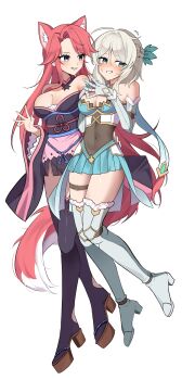 2girls absurdres animal_ears artist_request blonde_hair blue_eyes blush braid commission commissioner_upload crown_braid embarrassed fox_ears fox_girl fox_tail full_body hand_on_another&#039;s_waist highres in-franchise_crossover japanese_clothes juniper_(sakura_fox_adventure) kimono knight multiple_girls non-web_source pink_hair sakura_dungeon sakura_fox_adventure tail thighhighs yomi_(sakura_dungeon) yuri